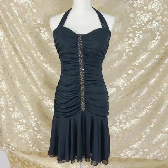 y2k Vintage Ruby Rox Halter Black and Gold Ruched Dress Women's Size L - Picture 1 of 8
